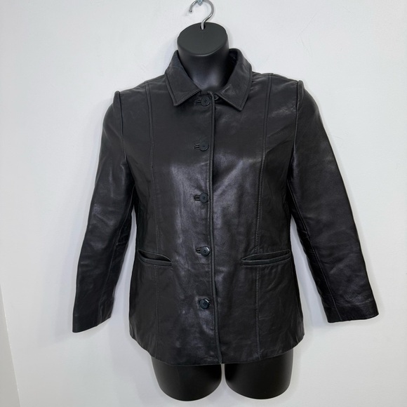 Petite Sophisticate Jackets & Blazers - Petite Sophisticate Black Leather Button-Front Jacket